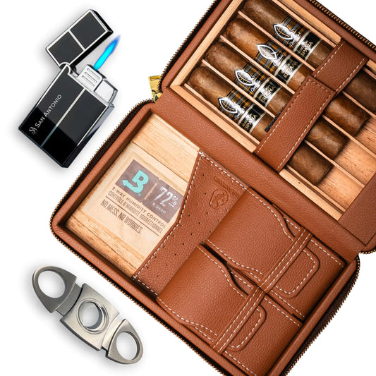 San Antonio Travel Cigar Humidor Case - Cigar Humidor Cabinet - Leather Cigar Case Travel Humidor With Cigar Lighter And Cutter - Cigar Humidor Travel Case - Cigar Travel Humidor Case