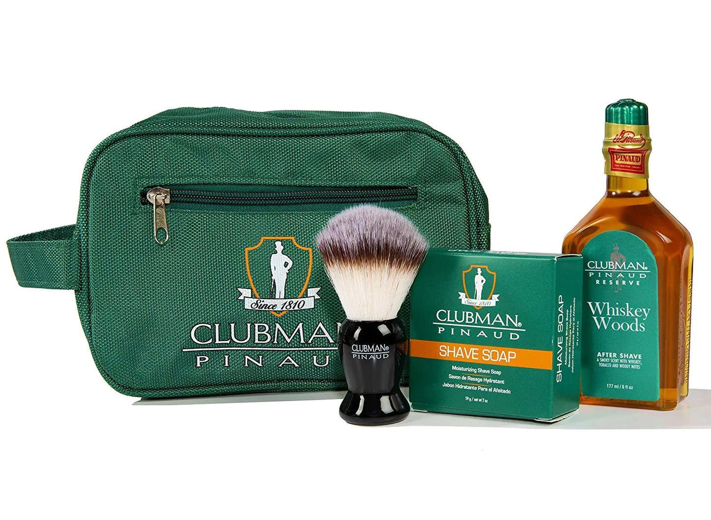 Clubman pinaud shave essentials set dopp kit with whiskey woods after shave shave soap and shave brush